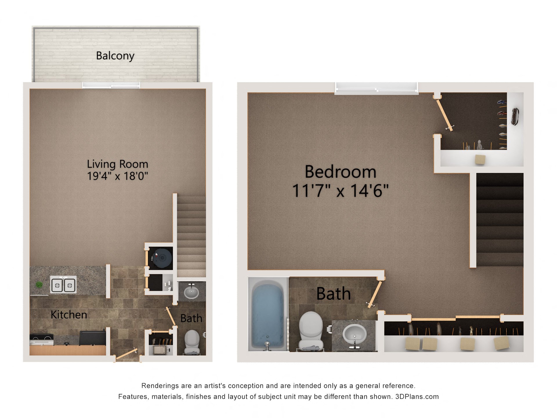 Cedar multilevel, one bedroom floorplan at highland view apartments