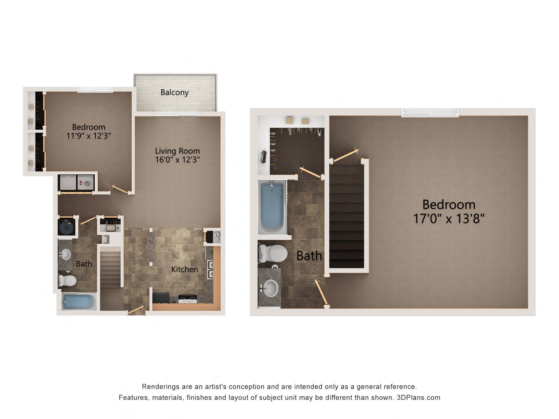 Evergreen multilevel two bedroom floorplan at highland view apartments