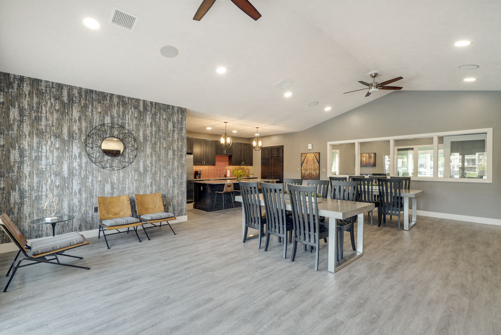 Clubhouse social spaces at Highland View Apartments in north Lincoln NE 68521