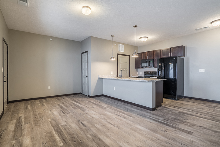 New luxury apartment with hardwood-style floors and granite countertops at North Pointe Villas townhomes in North Lincoln