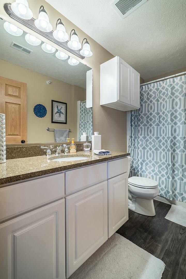 Large master bathroom with plenty of cabinet space and a bathtub at Grand Legacy Apartments