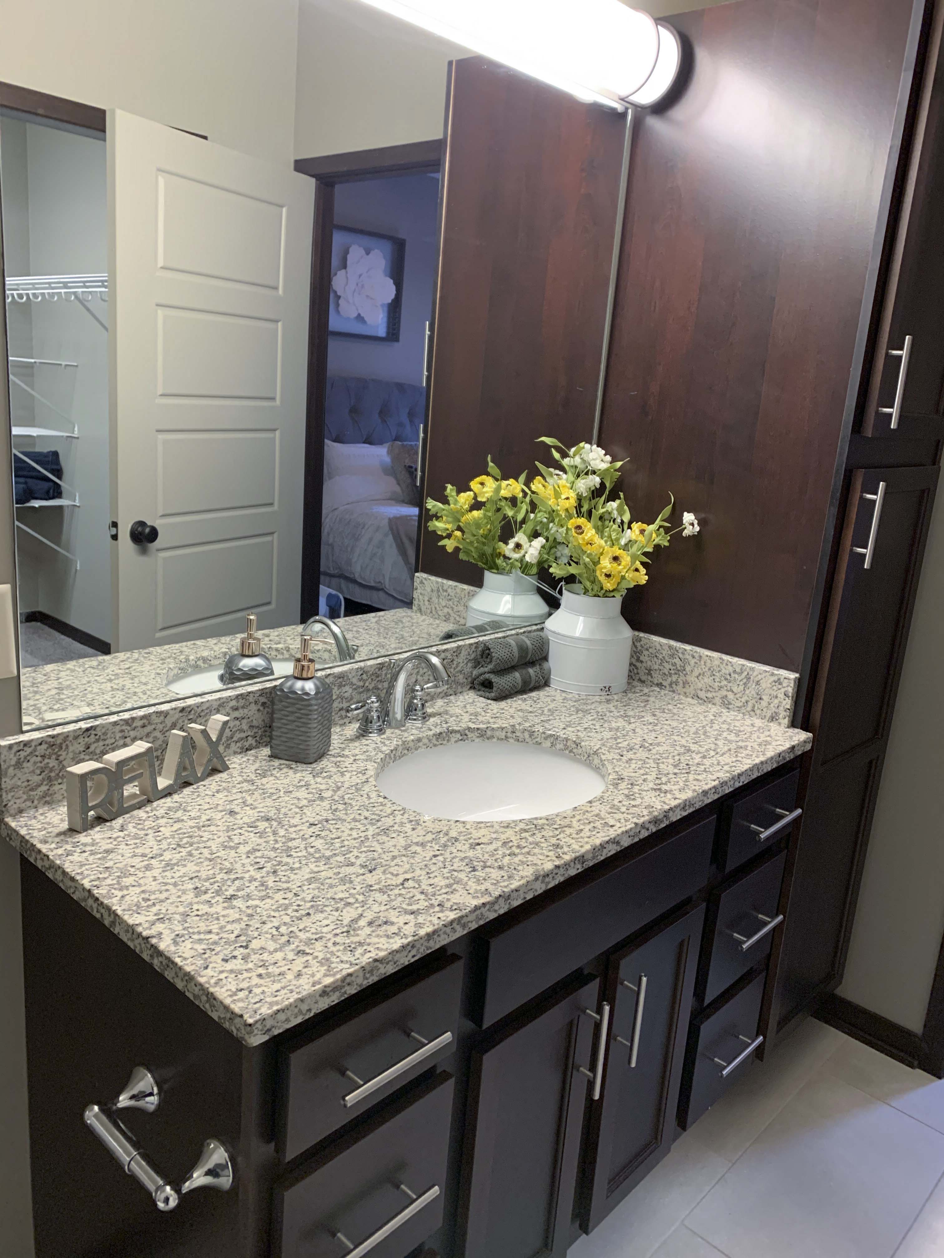Bathroom with granite and linen closet for plenty of storage and bright light