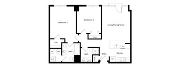 the two-bedroom Manhattan floor plan at Midtown Crossing Apartments in Omaha, NE