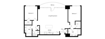 the two-bedroom Nashville floor plan at Midtown Crossing Apartments in Omaha, NE