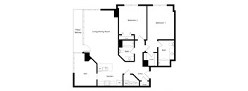 the two-bedroom Orlando with den floor plan at Midtown Crossing Apartments in Omaha, NE