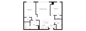 the two-bedroom Portland floor plan at Midtown Crossing Apartments in Omaha, NE