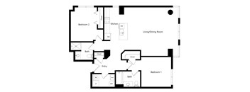 the two-bedroom Seattle floor plan at Midtown Crossing Apartments in Omaha, NE