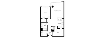 A floor plan of a small apartment with a living/dining room, kitchen, bedroom, and bathroom.
