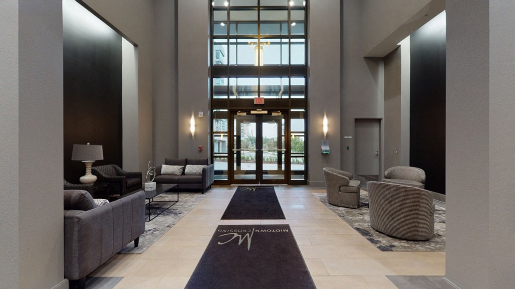 The modern and welcoming lobby at Midtown Crossing Apartments