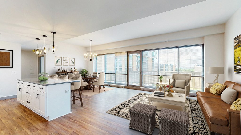 Plenty of space to live, work, and entertain, in this 2 bedroom penthouse floor plan at Midtown Crossing Apartments Omaha