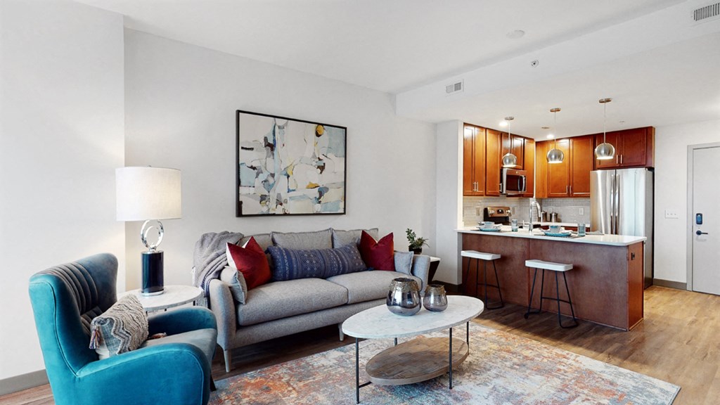 Plenty of space to live, work, and entertain, in this 1 bedroom floor plan at Midtown Crossing Apartments Omaha