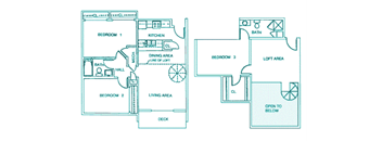a 3-bedroom, 2 bathroom Montello loft-style floor plan at Packard House apartments in Lincoln, NE