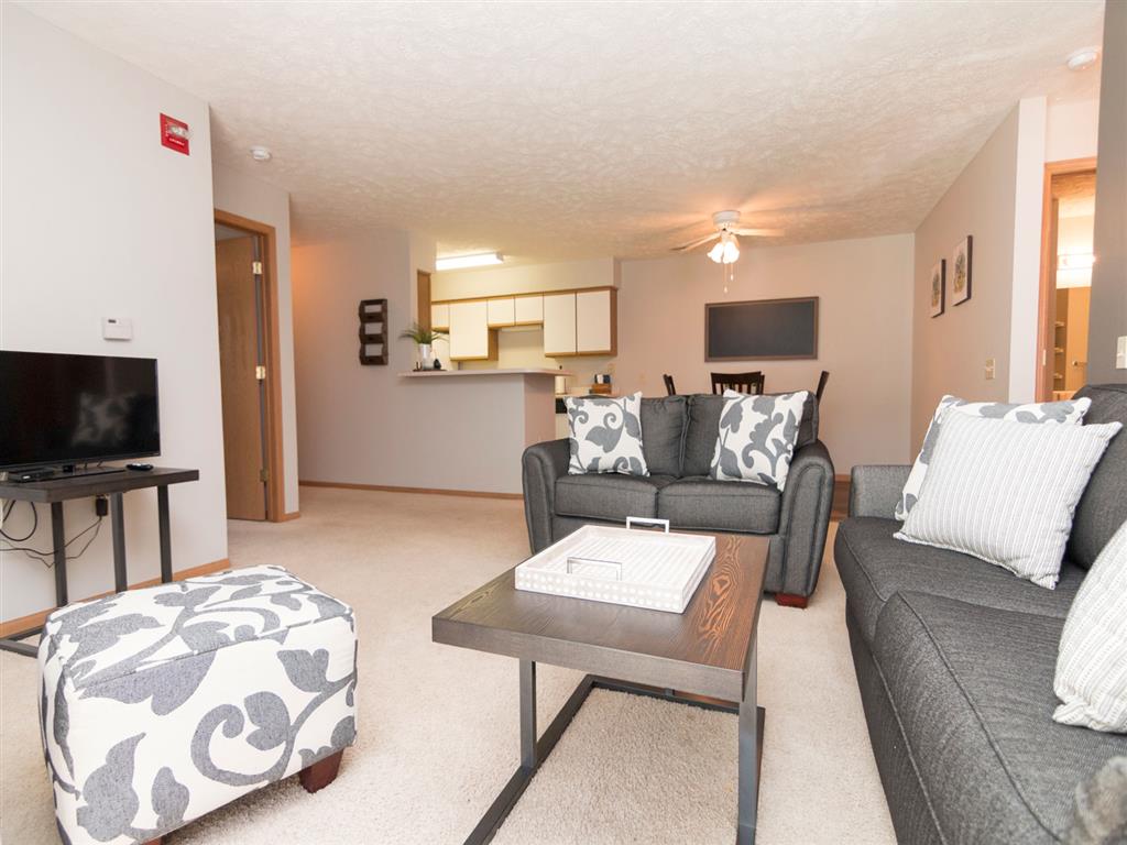 View of spacious living room in a two bedroom apartment at Eagle Run Apartments in Omaha, NE