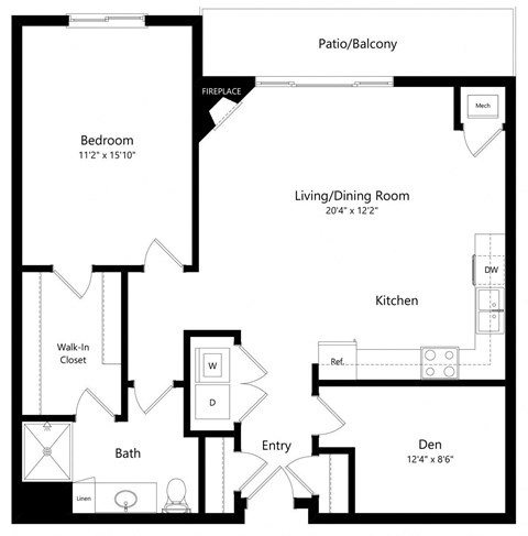 floor plan of a 1 bedroom apartment with den
