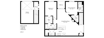 a floor plan of an apartment with two bedrooms and a living room and a kitchen