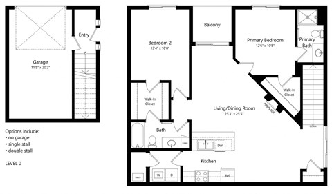 a floor plan of an apartment with two bedrooms and a living room and a kitchen