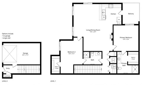 floor plan of a 2 bedroom apartment with attached garage