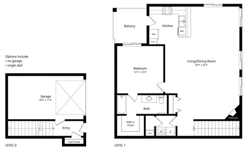 floor plan of a 1 bedroom apartment with attached garage