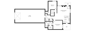 floor plan of a two bedroom apartment with an open floor plan and garage