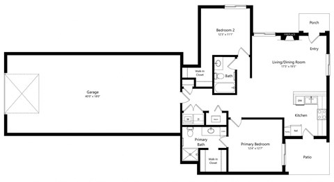 floor plan of a two bedroom apartment with an open floor plan and garage