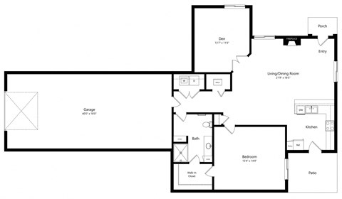 floor plan of a 1 bedroom apartment with den and attached garage