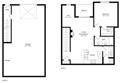 floor plan of a 1 bedroom apartment with attached garage
