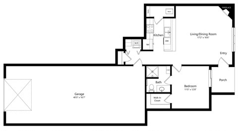 a floor plan of an apartment with 1 bedroom and garage