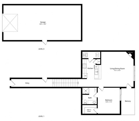 a floor plan of a 1 bedroom apartment with a bathroom, living room, and garage
