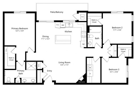 floor plan of a 3 bedroom apartment