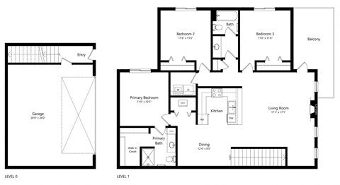 floor plan of a 3 bedroom apartment with attached garage