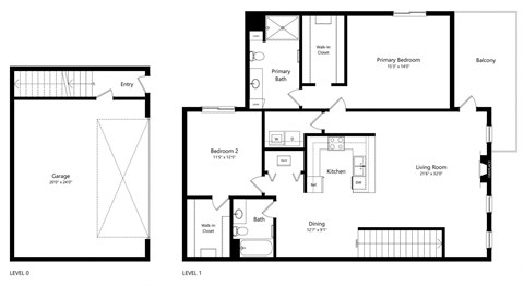 floor plan of a 2 bedroom apartment with an attached garage