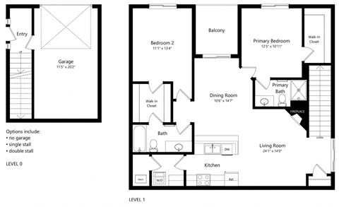floor plan of a 2 bedroom apartment with attached garage
