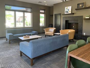 a living room with couches chairs and a fireplace