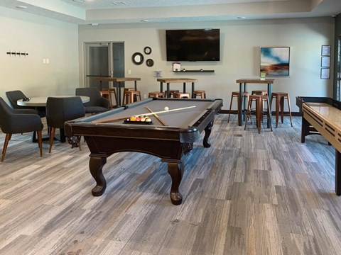 a games room with a pool table and a tv