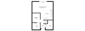 floor plan of a studio apartment with separate sleeping area