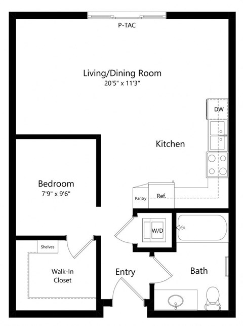 floor plan of a studio apartment with separate sleeping area