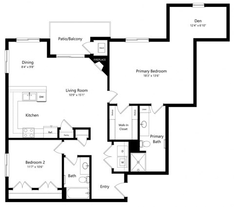 floor plan of a 2 bedroom apartment with large den
