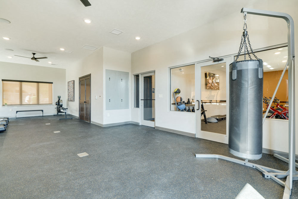 Boxing bag and yoga studio at North Pointe Villas apartments and townhomes in northwest Lincoln