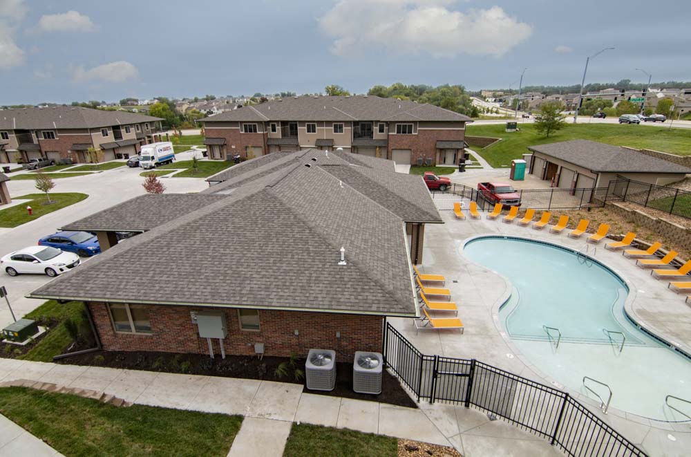 Aerial view of the resort-style pool view at North Pointe Villas luxury townhomes and apartments in Lincoln NE