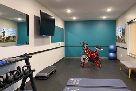 a gym with a red bike and weights on the floor