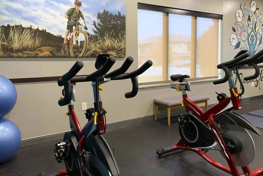 a group of exercise bikes in a gym with a painting on the wall