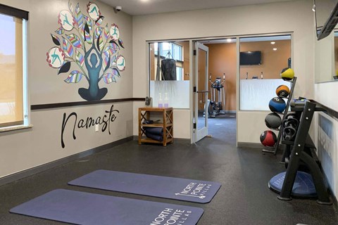 a gym with yoga mats and a tree on the wall