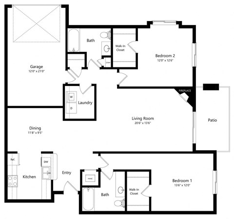 the 2-bed Harbor floorplan at Northbrook apartments in Lincoln, NE