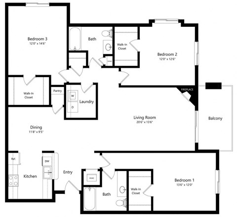 the 3-bedroom Glacier floorplan at Northbrook apartments in Lincoln, NE