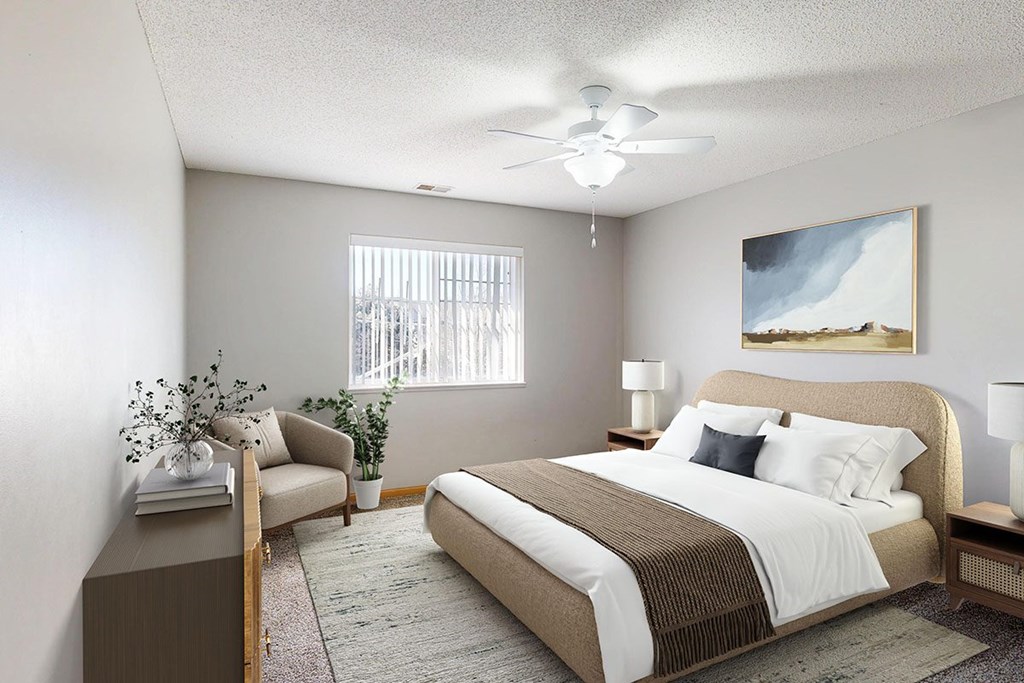 A virtually staged bedroom with a large bed and a painting on the wall.