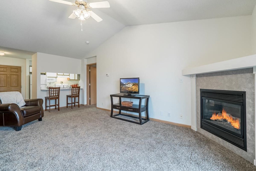a living room with a fireplace and a couch