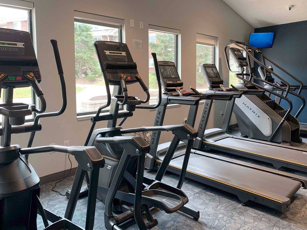 a group of exercise machines in a gym