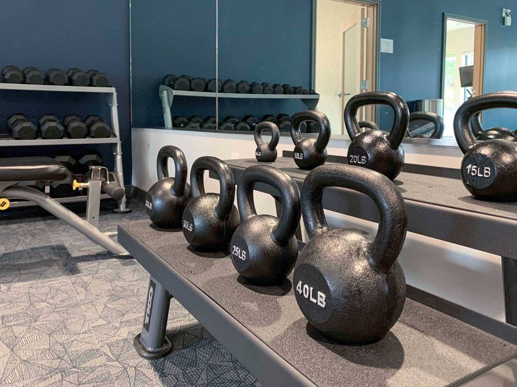 a rack of kettlebell weights in a gym