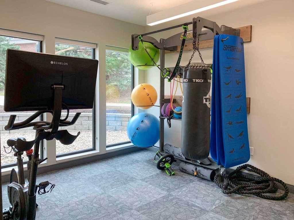 a fitness room with spin bike, punching bag, yoga equipment and a window