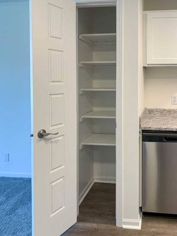 a kitchen with a white pantry with built-in shelves